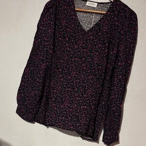 Elegant V-Neck Floral Blouse - Black and Pink